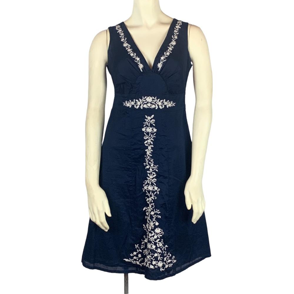Eddie Bauer Womens A Line Dress Blue White Floral Embroidered V Neck Cotton 2